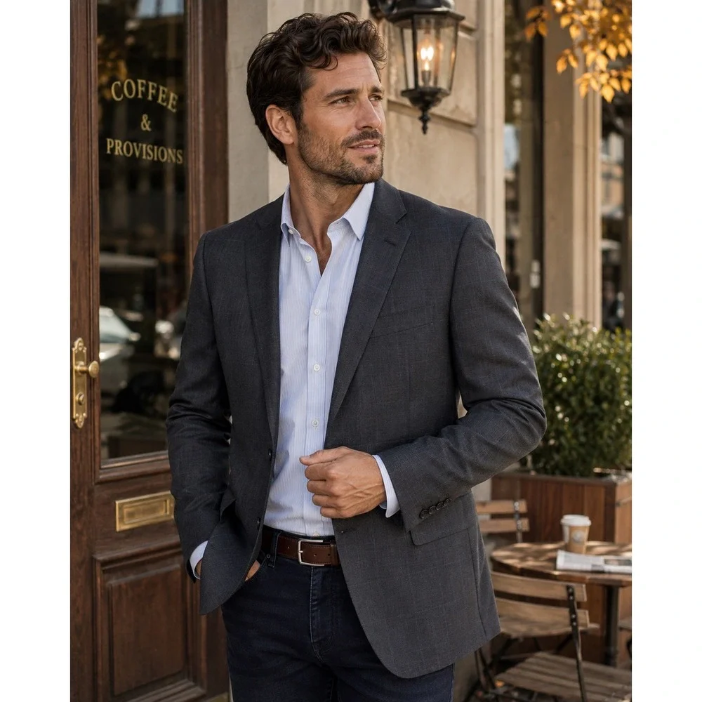 Tommy Hilfiger 100% Wool Blazer Charcoal Grey Windowpane Plaid Minimalist Sz 40R